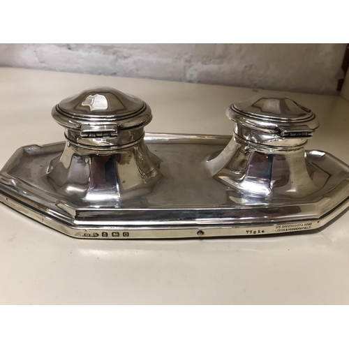 241 - Hall Marked Silver double Inkwell, B'ham 1927 by Greenwood & Sons, Leeds, Orig liners, couple small ... 