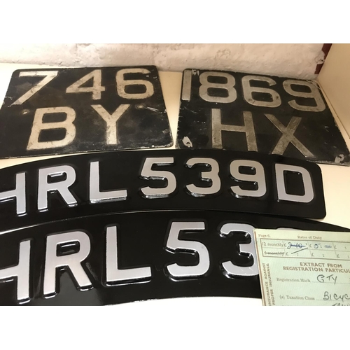 114 - 4 x Aluminium Number plates, Motorcycle & Original logbook