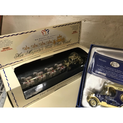 276 - Boxed Die cast Royalty models inc. Corgi William & Kate Marriage, Queens Jubilee & Coronation carria... 