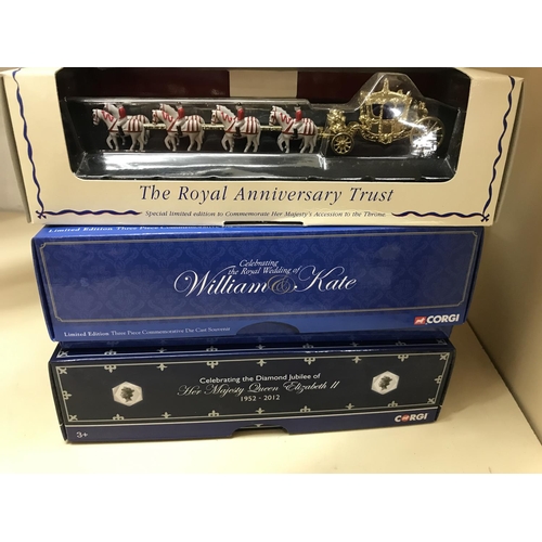 276 - Boxed Die cast Royalty models inc. Corgi William & Kate Marriage, Queens Jubilee & Coronation carria... 