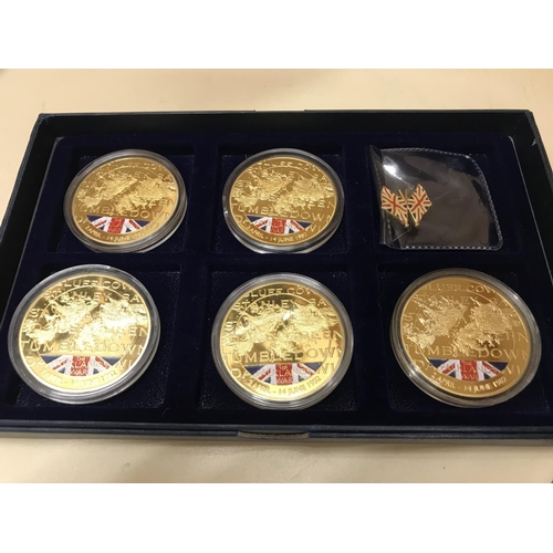 140 - 5 x Falklands Operation Tumbledown Commemorative coins & Union Jack badge