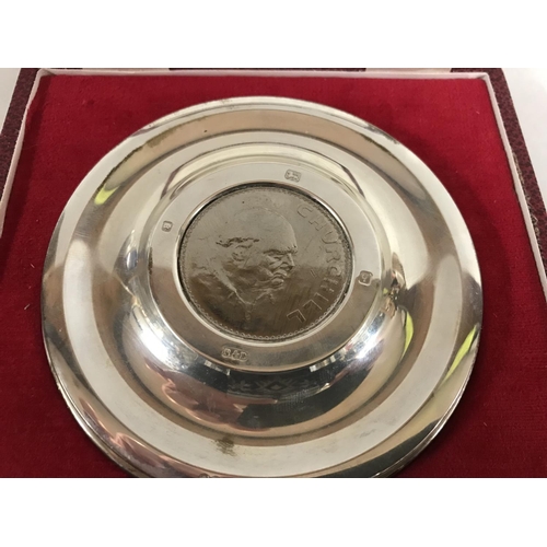 189 - Hall marked Silver Dish with Churchill Crown insert with Certificate, 80g