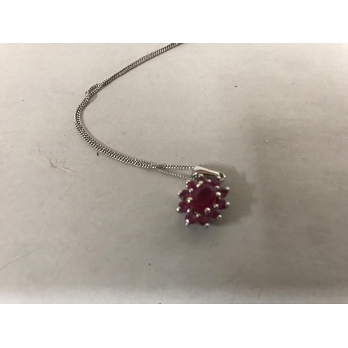 90 - Sterling Silver & Ruby Pendant & Chain