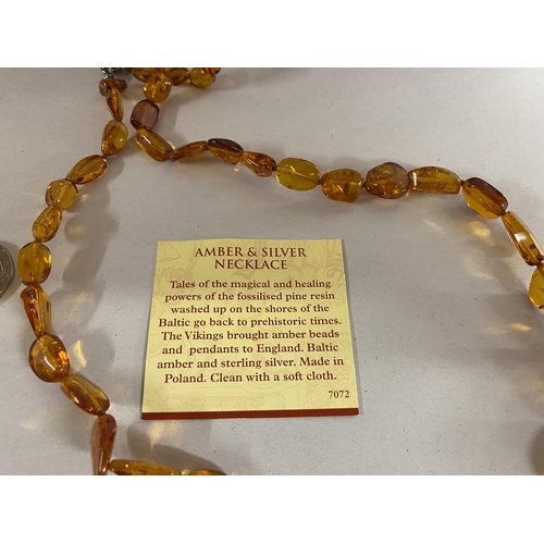 192 - Silver 925 & Pressed Amber Necklace by Past Times, Boxed