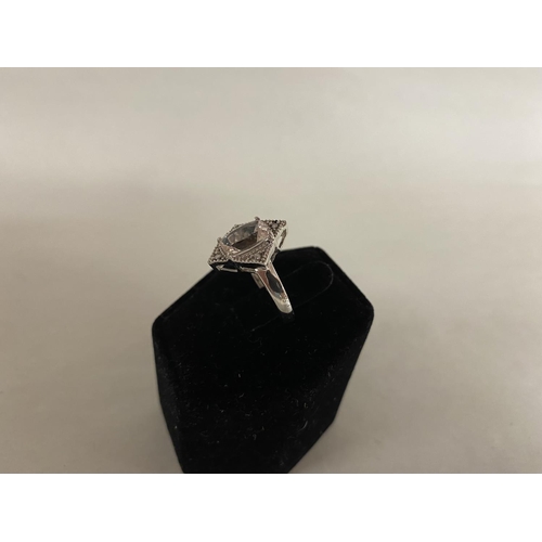 180 - 925 Silver Emerald Cut Kunzite & Diamond Ring, size J