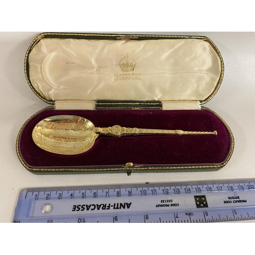 242 - Gilded Hallmarked Silver Anointing Spoon by Elkington, B'ham 1910, Original Case