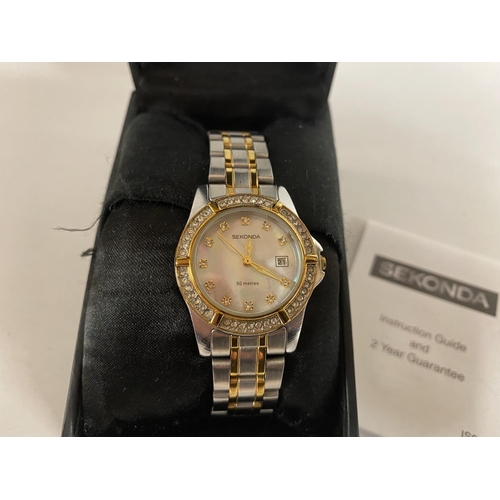 19 - Sekonda Quartz Watch with MOP Face & Marcasite /Leather Strap with Instructions & Original Receipt