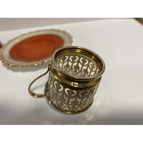 111 - Aynsley Beaker & Saucer with Walker & Hall Hallmarked Silver Gilt Holder c1934