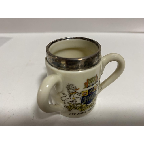 183 - Hallmarked Silver Rimmed 3-Handled 4cm Crested Mug - Westminster