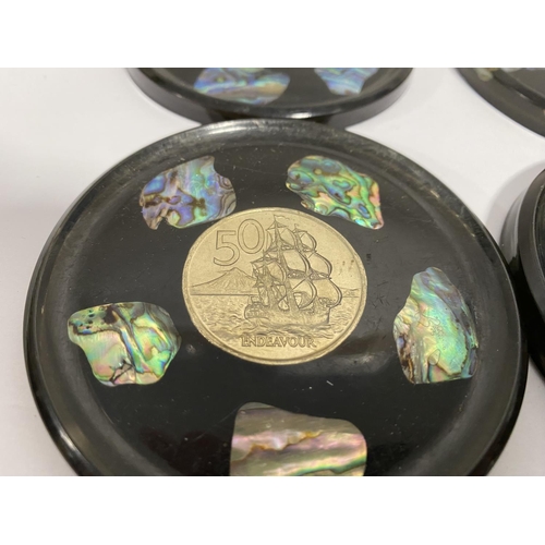 134 - 4 x Abalone & New Zealand Coin Coasters