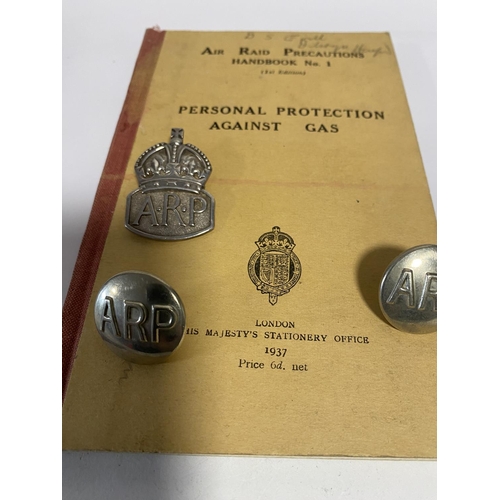 10 - WW2 A.R.P. Handbook, First Edition 1937, 2 x ARP Jacket Buttons & Hallmarked Silver London 1938 Badg... 