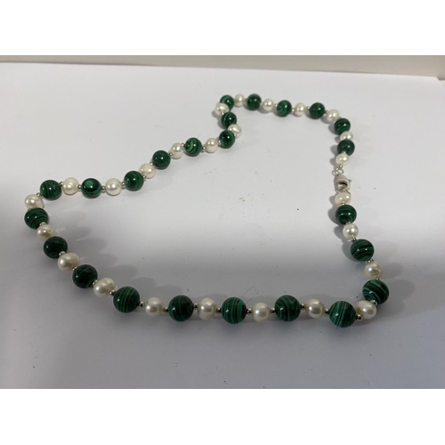 60 - Sterling Silver, Malachite & Pearl Necklace