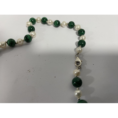 60 - Sterling Silver, Malachite & Pearl Necklace