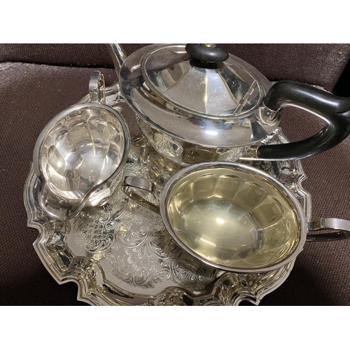 38 - Silver Plated Teapot, Milk Jug & Sugar Bowl on Silver Plated Tray