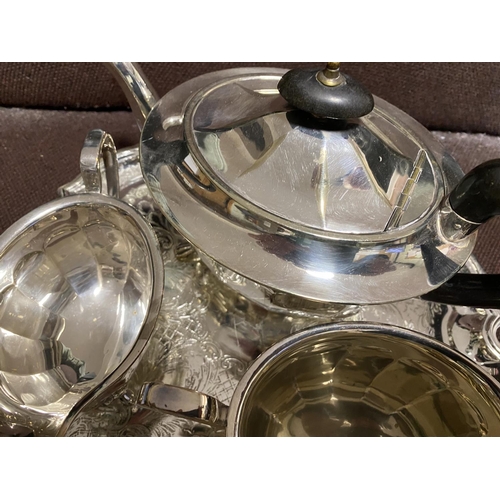 38 - Silver Plated Teapot, Milk Jug & Sugar Bowl on Silver Plated Tray