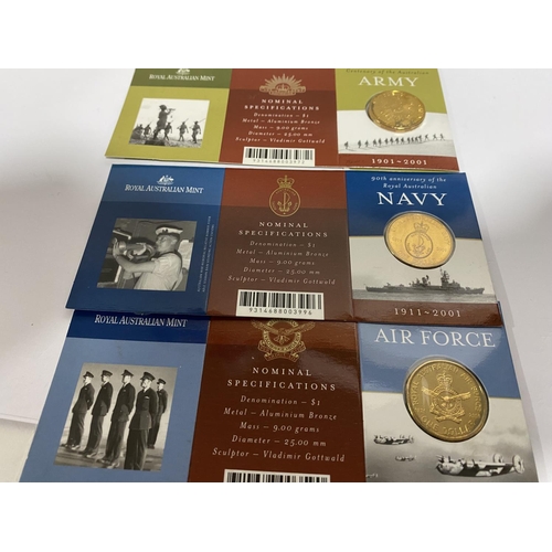 244 - 3 x Australian Dollar Coin Cards - Army, Navy, RAF