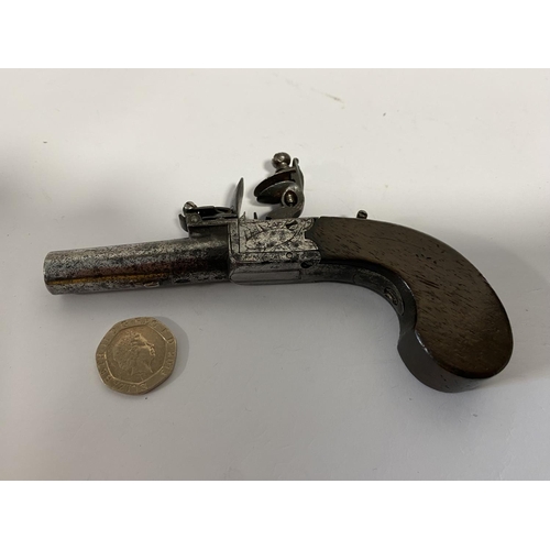 293 - Flintlock Muff Pistol with Drop Down Trigger c1790-1810, Marked Edin, Working Order