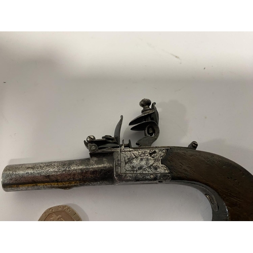 293 - Flintlock Muff Pistol with Drop Down Trigger c1790-1810, Marked Edin, Working Order