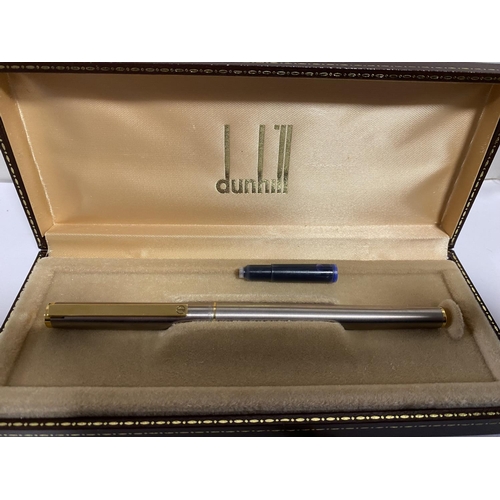 296 - Dunhill Gemline Fountain Pen with 14ct Gold Nib, Brushed Steel & Gold Trim Body, Engraved 1984, Box ... 