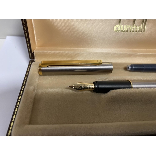 296 - Dunhill Gemline Fountain Pen with 14ct Gold Nib, Brushed Steel & Gold Trim Body, Engraved 1984, Box ... 