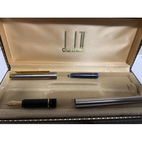 296 - Dunhill Gemline Fountain Pen with 14ct Gold Nib, Brushed Steel & Gold Trim Body, Engraved 1984, Box ... 