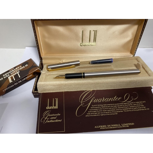 296 - Dunhill Gemline Fountain Pen with 14ct Gold Nib, Brushed Steel & Gold Trim Body, Engraved 1984, Box ... 