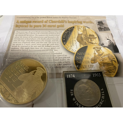 28 - Large Churchill Gold Plated Coin with Paperwork & Churchill Crown