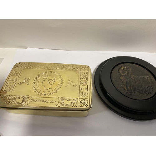 284 - Queen Mary 1914 Brass Xmas Tin & WW1 Death Plaque - Both Reproductions