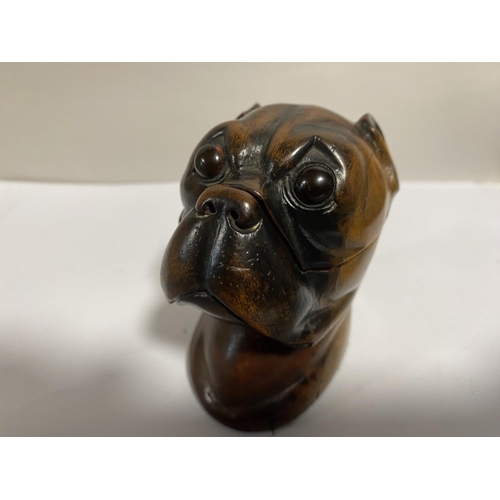 306 - Lignum Vitae Carved Bulldog Inkwell c1860. Glass Eyes, 8cm High - Brass Well with Hinged Lid.
Slight... 