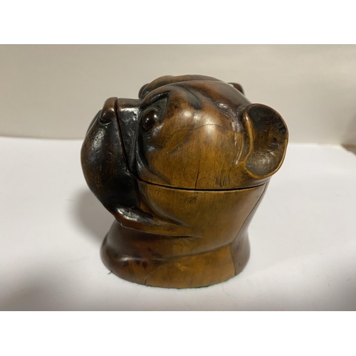 306 - Lignum Vitae Carved Bulldog Inkwell c1860. Glass Eyes, 8cm High - Brass Well with Hinged Lid.
Slight... 