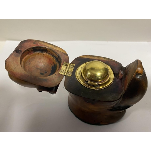 306 - Lignum Vitae Carved Bulldog Inkwell c1860. Glass Eyes, 8cm High - Brass Well with Hinged Lid.
Slight... 