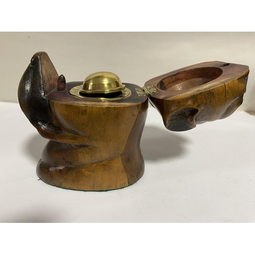 306 - Lignum Vitae Carved Bulldog Inkwell c1860. Glass Eyes, 8cm High - Brass Well with Hinged Lid.
Slight... 