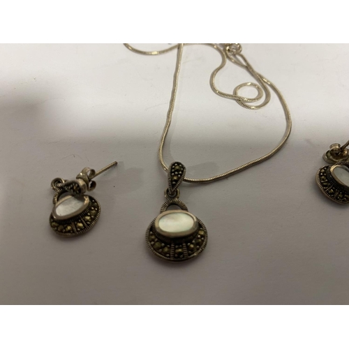 49 - Sterling Silver 925 Marcasite & Abalone Shell Matching Necklace & Earrings Set