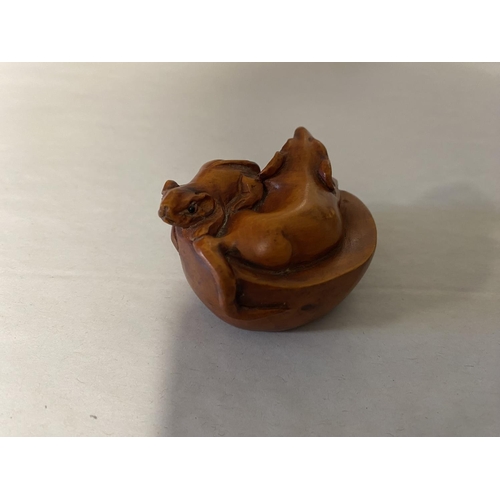 63 - Fruitwood Netsuke / Carving of Rats, Signed