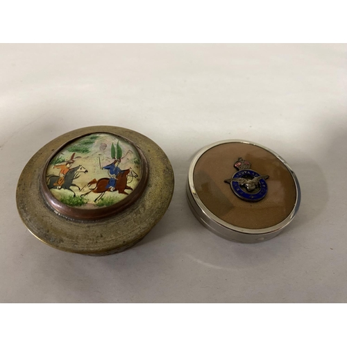 129 - Mother of Pearl Topped & White Metal Pill Box, Plus Military Pill Box