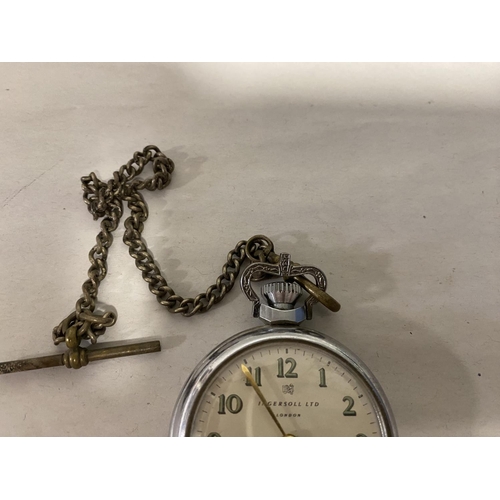 245 - Ingersoll Triumph Pocket Watch with Brass Albert - Royal Coat of Arms Motif to Reverse, Crown Finial