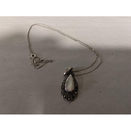 138 - Sterling Silver, Marcasite & MOP Necklace, Silver Chain