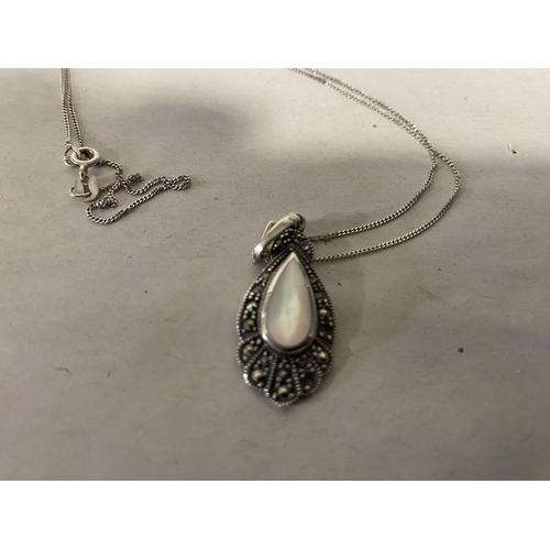 138 - Sterling Silver, Marcasite & MOP Necklace, Silver Chain