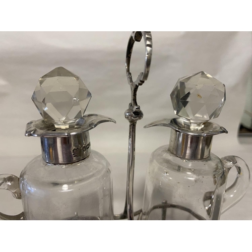 54 - Hallmarked Silver & Glass Scent Bottle Set. Holder & Bottle Rims are Silver. Couple Nibbles to Stopp... 