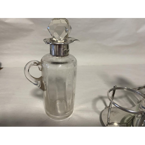 54 - Hallmarked Silver & Glass Scent Bottle Set. Holder & Bottle Rims are Silver. Couple Nibbles to Stopp... 