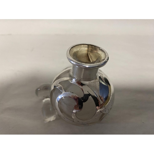 55 - American Unmarked Silver Overlaid Scent Bottle, 8cm. Stopper & Inside Bottle Lip have Damage