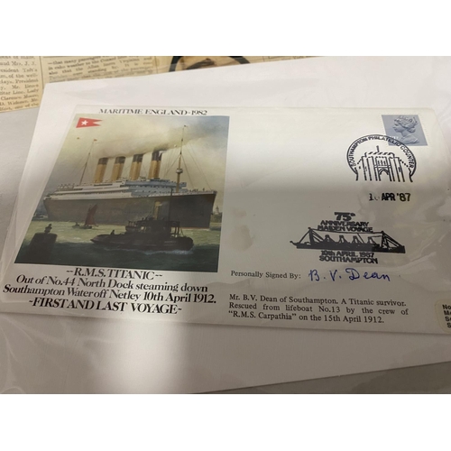 279 - Titanic Facsimilie Newspaper plus FDC Signed by B V Dean - Survivor of The Titanic