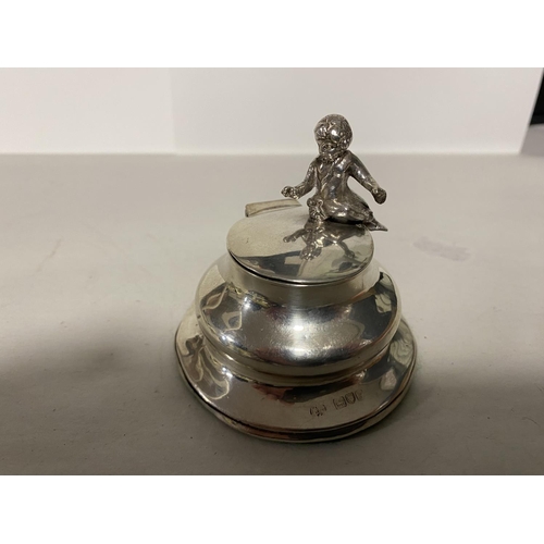 62 - Hallmarked Silver 'Cherub' Inkwell - London 1905, 140g Weight (Couple Dinks on Back)