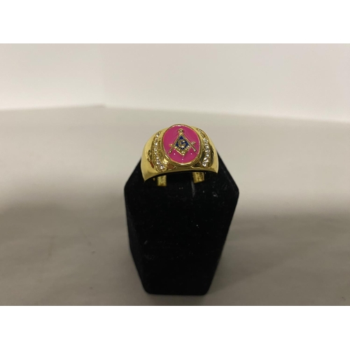 176 - Masonic Gold Tone Ring with Ruby Coloured Backing, Size R-S