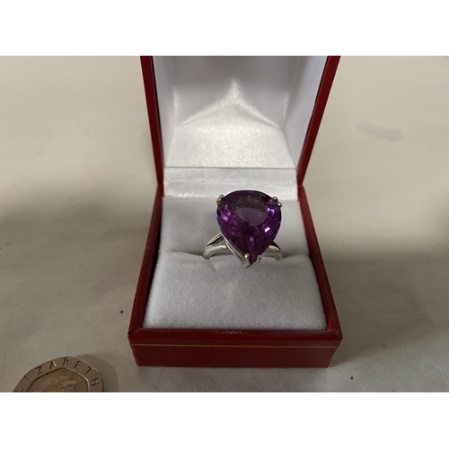 169 - Sterling Silver 925 & Amethyst Tear Drop Shape Ring, Size M-N