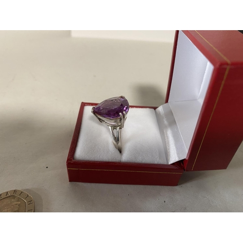 169 - Sterling Silver 925 & Amethyst Tear Drop Shape Ring, Size M-N