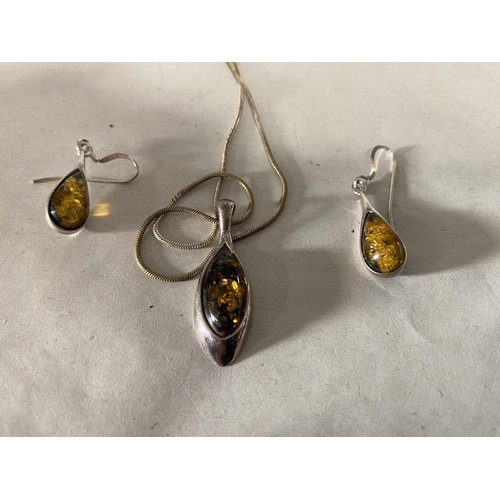 65 - Sterling Silver 925 Amber Pendant on Sterling Chain plus Pair Amber Earrings