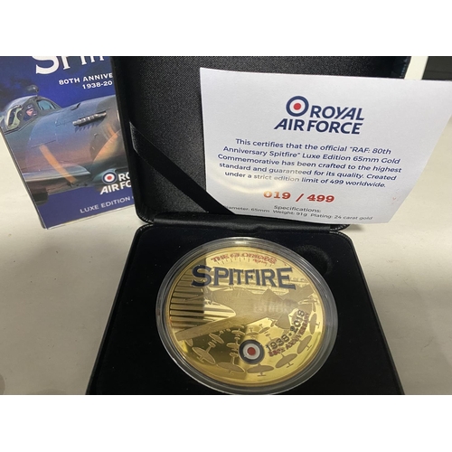 265 - 24ct Gold Plated Large Size 65mm 'Spitfire' Commemorative 80th Anniversary Coin with Box/Cert