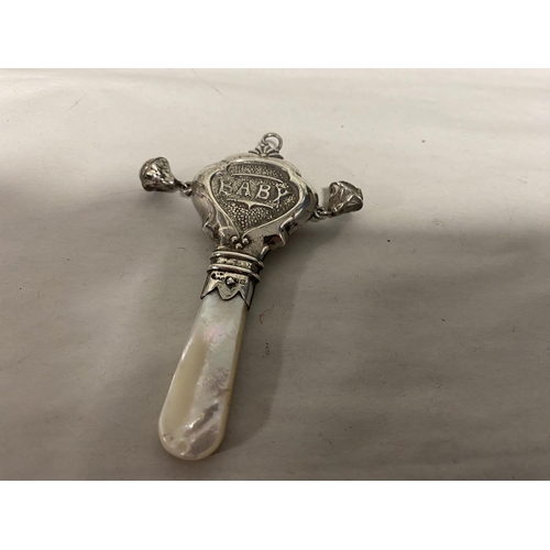 252 - Hallmarked Silver & MOP Baby's Rattle / Teether , Slight Dent