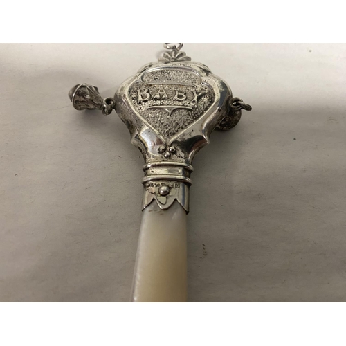 252 - Hallmarked Silver & MOP Baby's Rattle / Teether , Slight Dent